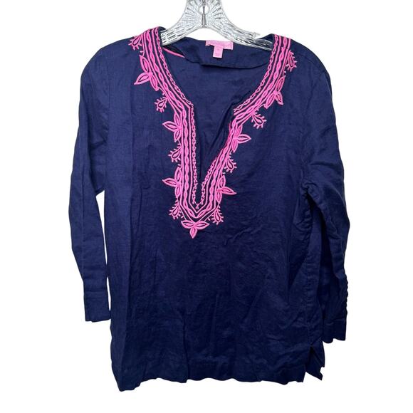 Lilly Pulitzer Blue Linen Top M Pink Embroidered Boho Resort Style Summer - Picture 1 of 10